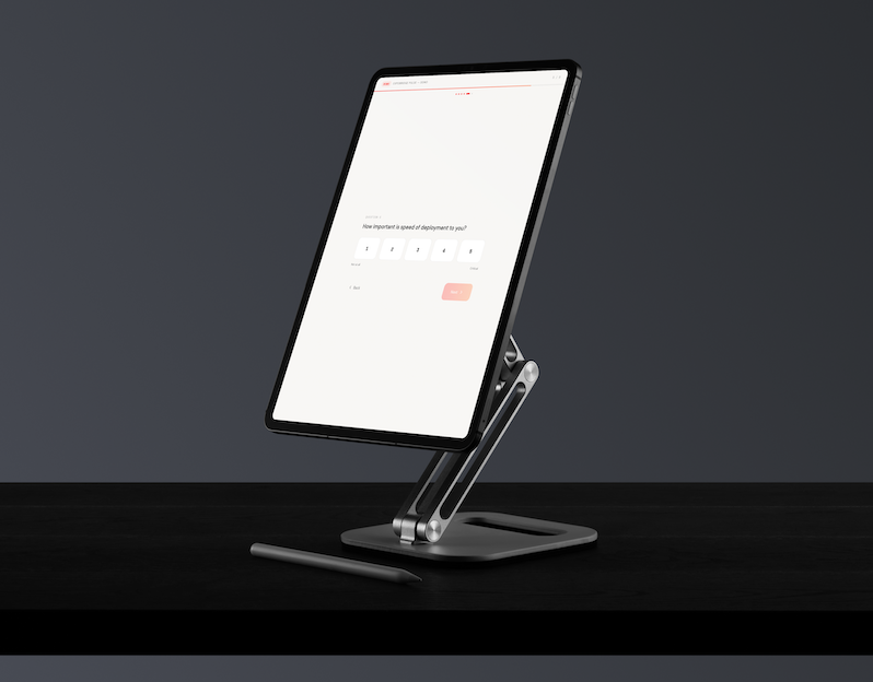 iPad on a stand displaying an ExpoBridge Pulse touch-first survey